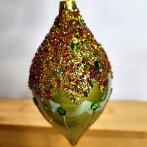 Vintage Christmas Holiday Ornament  Oval Shape Gold, Blue, Pink, Green